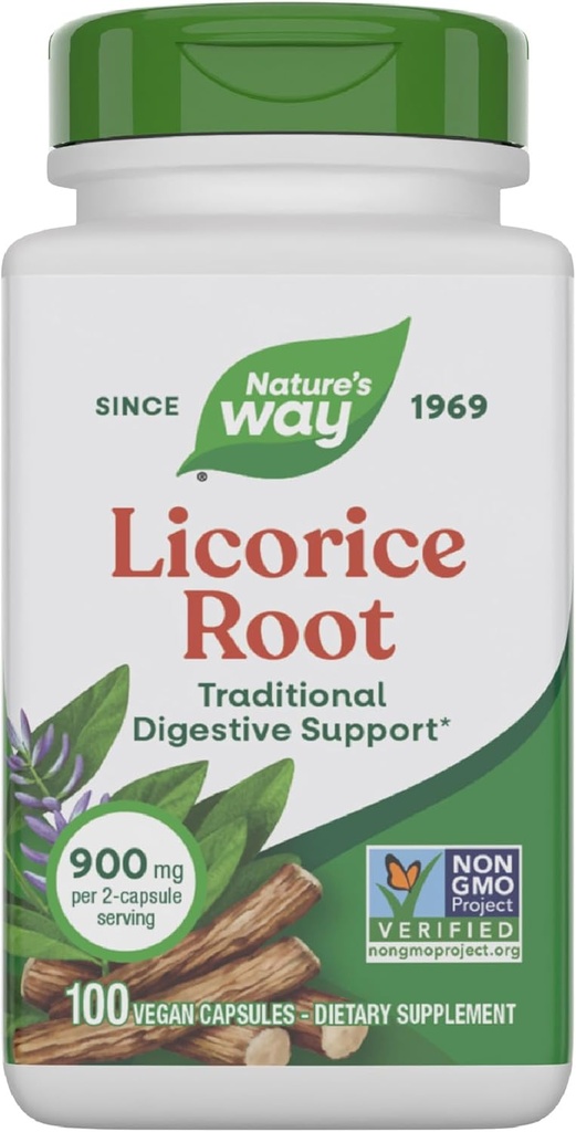 Nature's Way Licorice Root, 伝統的な消化管サポートサプリメント*, 900 mg/ 2カプセルサービング, 非GMOプロジェクト検証, 100 ビーガンカプセル (パッケージ 5 月 Vary)