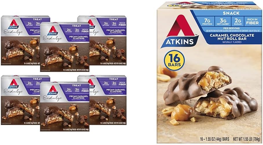 Atkins Pecan Caramel Clusters 60 カウント、Caramel チョコレート ナッツ ロールスナックバー 16 カウント