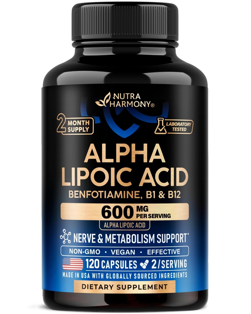 アルファリポ酸600mg - Nerve、エネルギー及び代謝サポートのためのALAの補足の酸化防止剤-Benfotiamine、B1及びB12の余分強さ-テストされる実験室非GMO及びビーガン- 120のカプセル、2か月の供給
