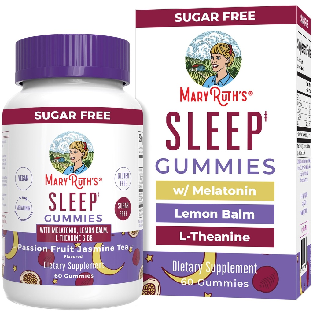 MARYRUTH'S Melatonin 5mg L-テアニンで眠るガミー | レモンバーム | ビタミンB6 | 砂糖フリー | リラックス | ヴィーガン | ノンGMO | グルテンフリー | 60カウント