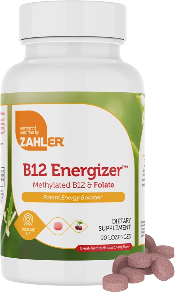 Zahler Energizer - FolateおよびB12の補足-速い分解のチェリーの味のロゼンジは1360 mcgの葉酸+ 1000のmcgのメチルのビタミンB12 (90の計算)の二重ビタミンのメチル化されたB12及び葉酸塩の補足を乾燥します