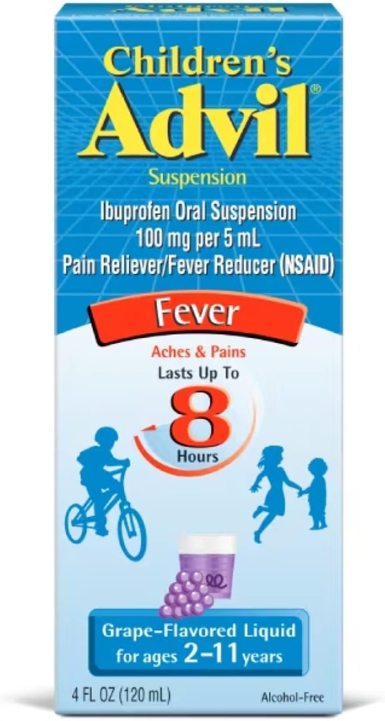 子供のAdvilの懸濁液Ibuprofen 100mgの速い苦痛のRelieverおよびFeverの減力剤は年齢のための8時間のブドウの味の液体を2から11年- 4つのFLのOzのびんの3パック持続します