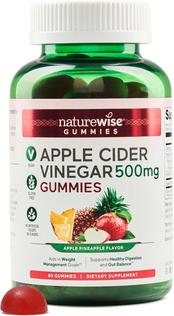 NatureWise Apple Cider Vinegar Gummies - 1000mg ACV / 2 +ビタミンB12 - Pectinベースのビーガン、グルテンフリー、非GMO - 60カウント[1000mgまたは500mgの2ヶ月の供給のための30日の供給]
