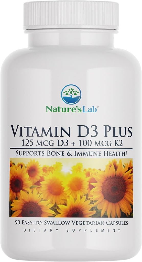 Nature's Lab Vitamin D3 Plus - ビタミンD3とK2(MK7)を免疫サポート、健康な骨と心血管の健康* - グルテンフリー、非GMO - 90カプセル(3ヶ月の供給)