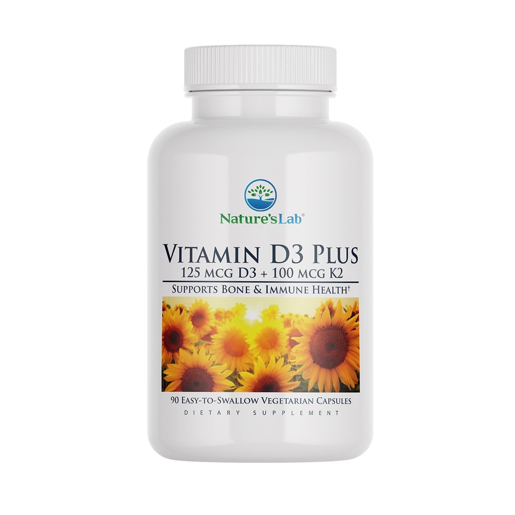 Nature's Lab Vitamin D3 Plus - ビタミンD3とK2(MK7)を免疫サポート、健康な骨と心血管の健康* - グルテンフリー、非GMO - 90カプセル(3ヶ月の供給)