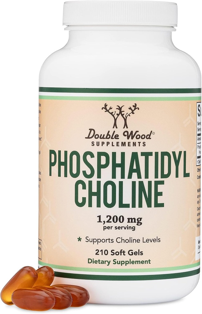 Phosphatidylcholine 1,200mg – 210 Softgels – ヒマワリとソイレシチン(コリンサプリメント)の強化バージョン - 非GMOとグルテンフリー、ダブルウッドによる脳の健康をサポート