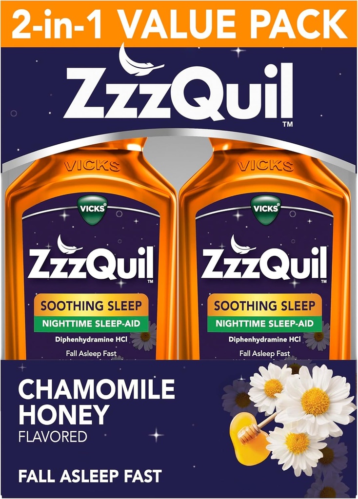 ZzzQuilの液体の睡眠の援助、眠る眠り、Diphenhydramine 50mg HCl、Chamomileの蜂蜜の味付けされた、夜間睡眠の援助の液体、大人のための睡眠の援助、2パック、24のFLのOZ