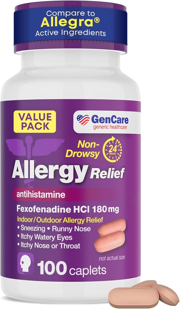 GenCareアレルギーの救済の丸薬 - Fexofenadine 180mg 24 時間非眠気のアレルギーの薬の抗ヒスタミンは、Allegraに比較します 24 時間 不幸な目のための非眠気の丸薬, Runny Nose, Hives (100 カウント)