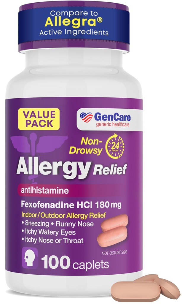 GenCareアレルギーの救済の丸薬 - Fexofenadine 180mg 24 時間非眠気のアレルギーの薬の抗ヒスタミンは、Allegraに比較します 24 時間 不幸な目のための非眠気の丸薬, Runny Nose, Hives (100 カウント)