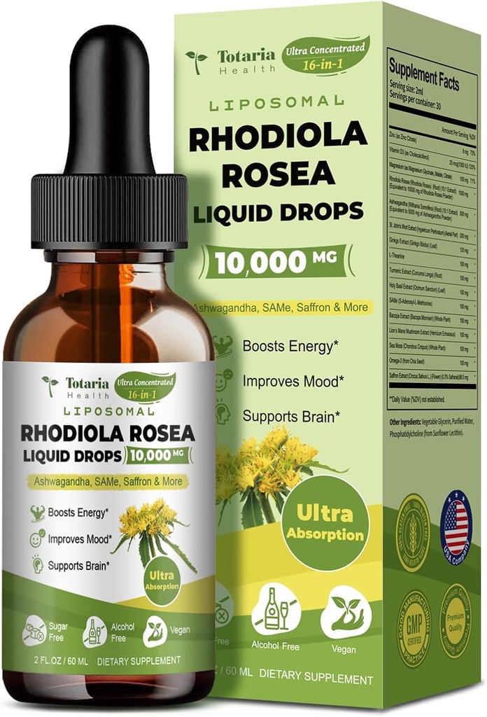 Totaria Liposomal Rhodiola Rosea Tincture 16 で 1, w/Ashwagandha, L-Theanine, Saffron, Rhodiola rosea と超強度 Cortisol サプリメント, マグネシウム