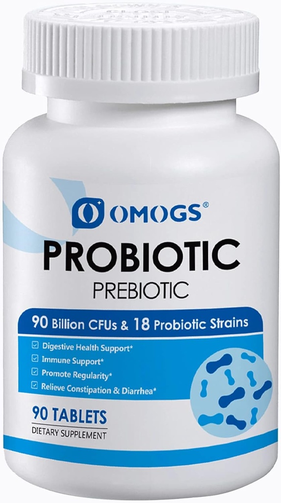OMOGS Probiotics 90 Billion CFUs 18 Strains,with 3 Organic Prebiotics & Vitamin C,Nutritional Supplement for Women,Men & Kids,Support Metabolism,Immunity and Digestive Health,Non-GMO, 90 Tablets