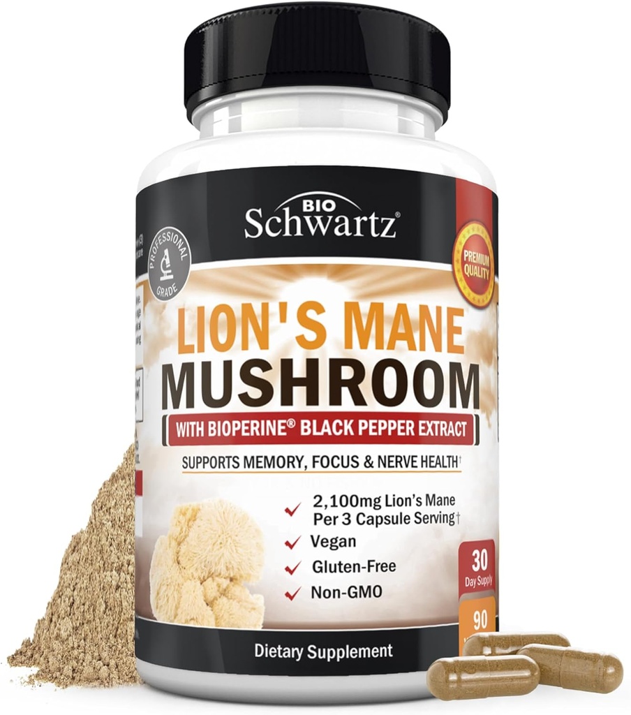 BioSchwartzの有機ライオンのマネの補足のカプセル(90の計算) 2100mgのライオンのマネのきのこは最高の吸収のためのBioPerine、活動的な混合物は、記憶および焦点のためのNootropicの頭脳の補足を修飾しました