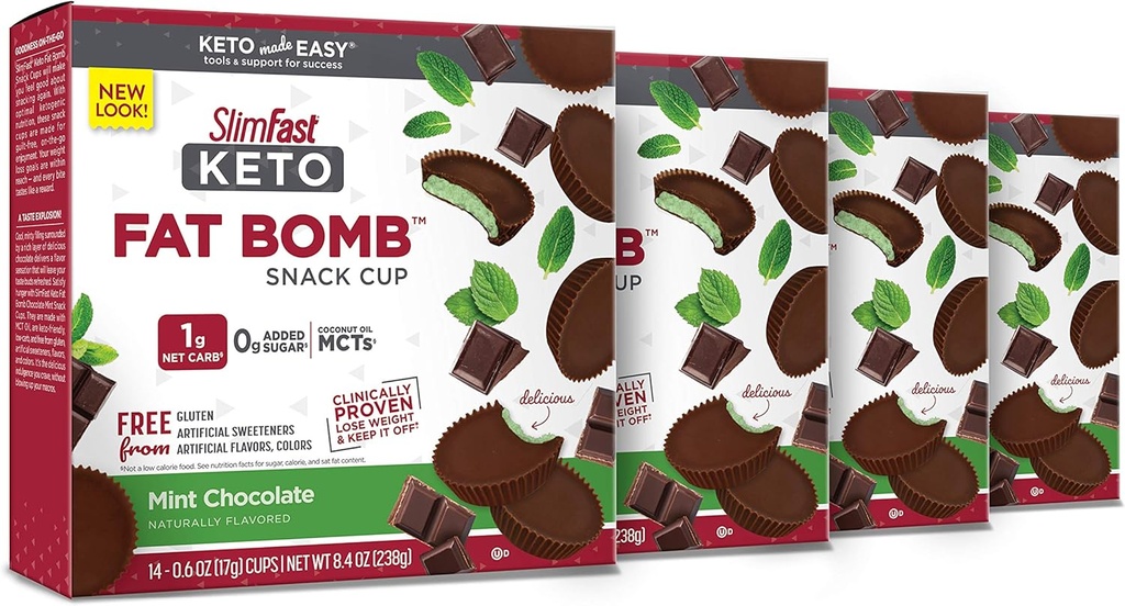 SlimFast Keto脂肪爆弾スナックカップ, ミントチョコレート, 減量のためのケトスナック, 0gを追加砂糖と低炭水化物, 14 カウントボックス (パッケージ 4)