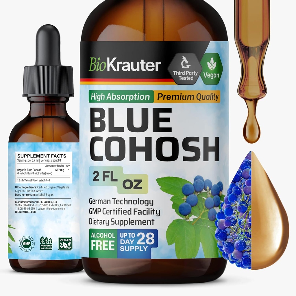 女性のためのBIO KRAUTER® 更年期障害サプリメント* - 青のコホッシュチンチャー 2 Fl.Oz 28 供給日 - 完全菜食主義者の青のコホッシュエキス - アルコール&砂糖無料 - リラックス&女性のウェルネス