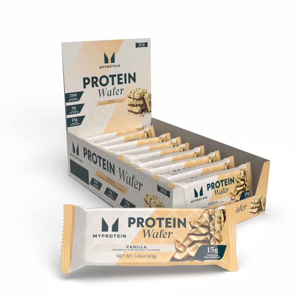 Myproteinの蛋白質棒、Crispyの蛋白質のウエファー、15gの高い蛋白質の軽食、10のバニラ ウエファーのパック、ミルク及び乳製品蛋白質の隔離、ライト及びCrunchyの箱
