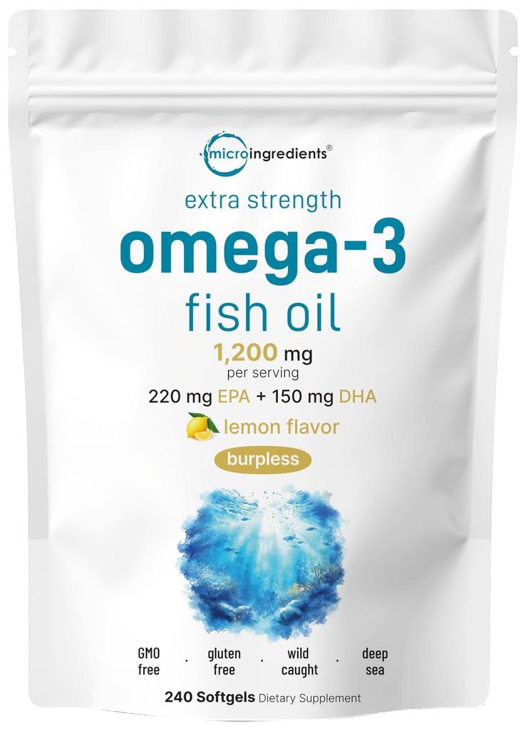 マイクロ成分エクストラ強度オメガ3魚油は、サービングあたり1,200mg、240Softgels | レモン風味 | ブルプレス | エッセンシャル脂肪酸 | EPA 220mg + DHA 150mg | 深海魚