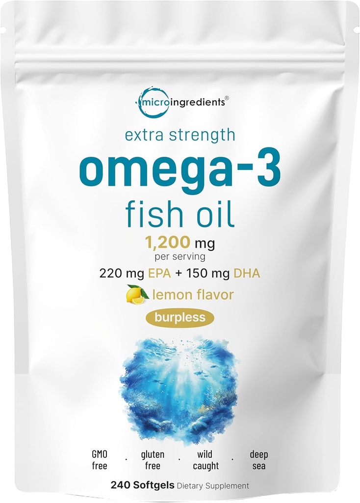Micro Ingredients Extra Strength Omega 3 Fish Oil Supplements 1,200mg Per Serving, 240 Softgels | Lemon Flavored | Burpless | Essential Fatty Acids | EPA 220mg + DHA 150mg | Deep Sea Fish
