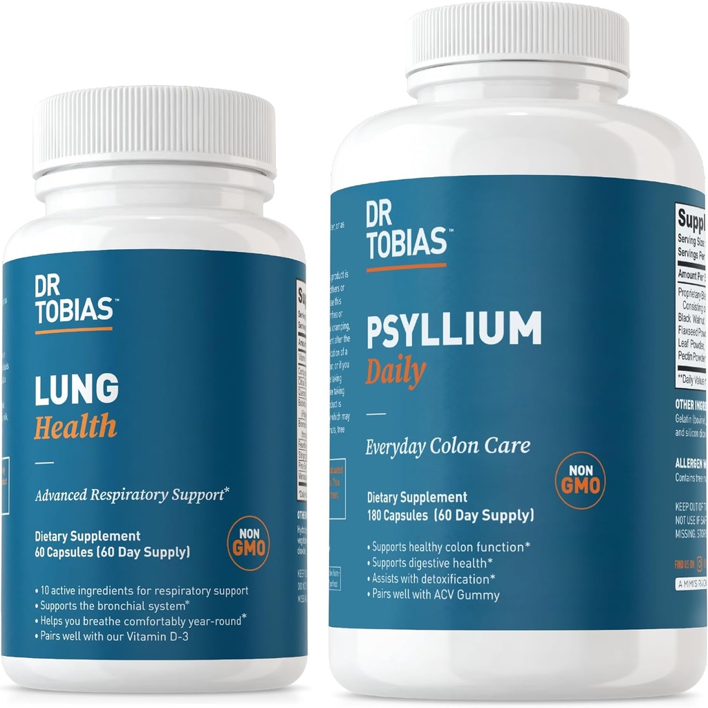 Dr. Tobias Lung Health & Psyllium Daily Supplements、Lung Cleanse & Detox Formula、Psyllium Husk、ビタミンC、Butterbur、Quercetin、Daily Fiber、Lung Supplementと健康な腸の動きをサポート