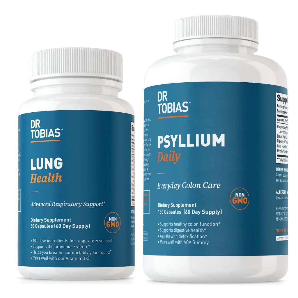 Dr. Tobias Lung Health & Psyllium Daily Supplements、Lung Cleanse & Detox Formula、Psyllium Husk、ビタミンC、Butterbur、Quercetin、Daily Fiber、Lung Supplementと健康な腸の動きをサポート
