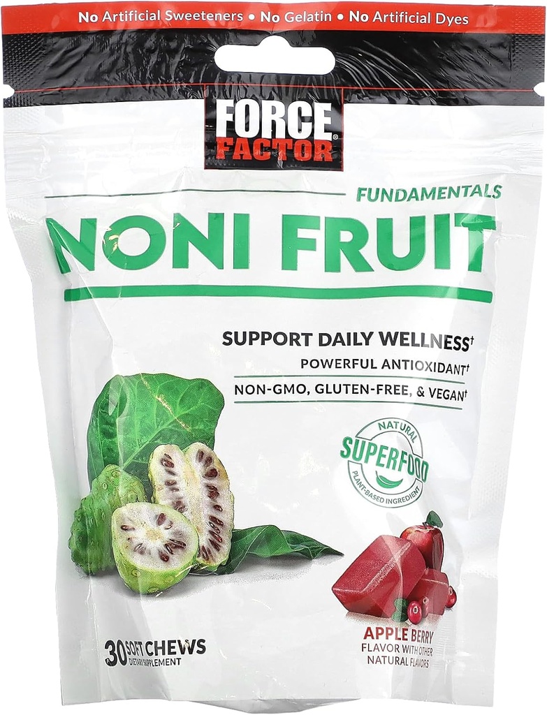 FORCE FACTOR Noni Fruit Chews for Immunity and Skin Health Support, Noni Juice Supplement, Plant-Based Antioxidant Superfood Chews, Gluten-Free, & Vegan, Apple Berry Flavor, 30 Soft Chews