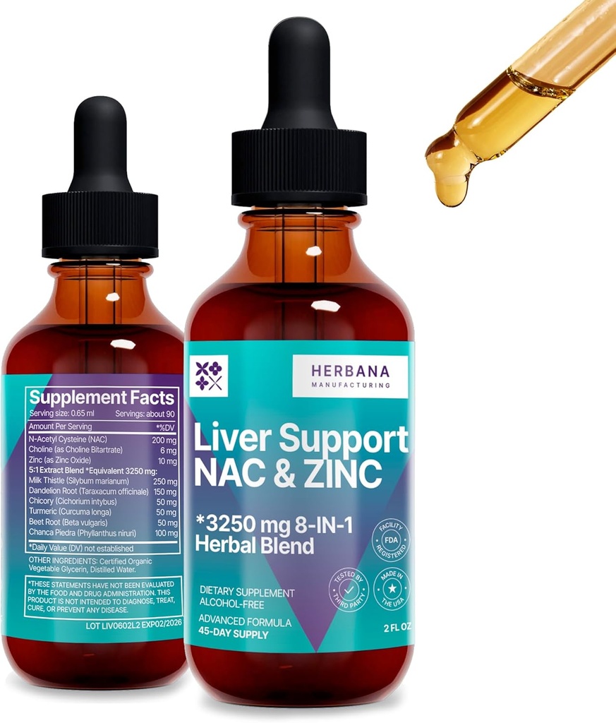 Liver Support & NAC, Zinc - 2 fl oz Liquid Drops with Milk Thistle, Dandelion Root, Chicory, Turmeric, Beet Root, Chanca Piedra - Liver Cleanse & Detox Supplement