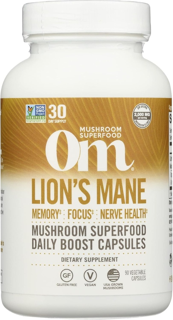 Om Mushroom Superfood Lion's Mane Mushroom Capsules Supplement, Fruit Body & Mycelium Nootropic for Memory Support, Focus, Clarity, Nerve Health, Creativity &Mood, 90 Capsules