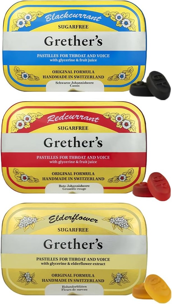 GRETHER'S Sugarfree Pastilles ブラックカラント、エルダーフラワー&レッドカラント - シンガーのギフト - ドライムート救済のための自然療法 - 2.1 オンス(パッケージ3)