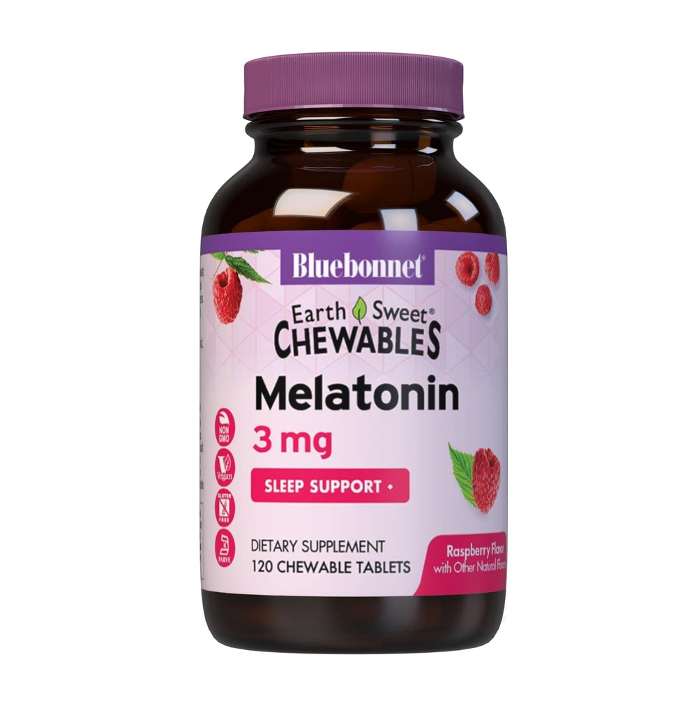 Bluebonnet栄養EarthSweet Melatonin 3mg高速機能クイック解体ナイトタイムリラックス&残りの睡眠サポート - 睡眠補助金 - グルテンフリー、ビーガン - ラズベリー味 - 120Chewable錠