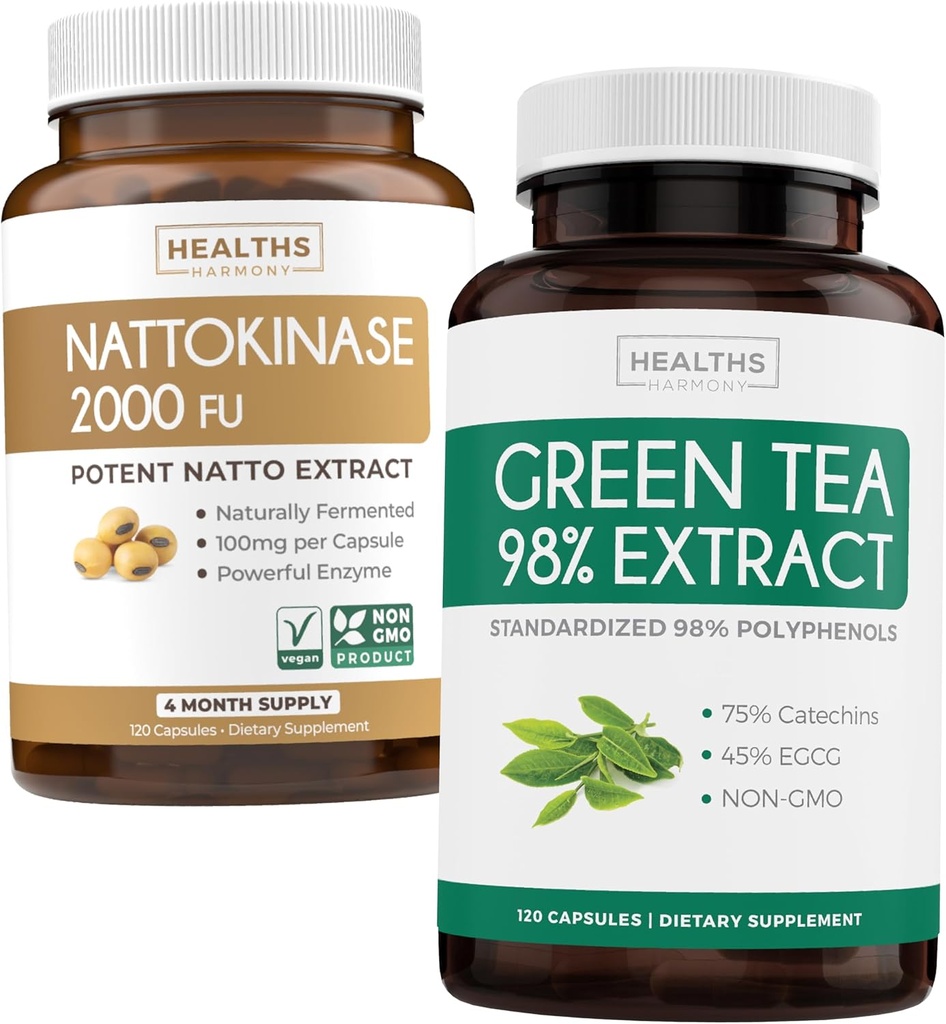 Nattokinase & Green Tea (2-Month Supply) グリーンバイタリティブースト - Nattokinase 2000 FU 強力自然発酵大豆 -120 キャップ & 緑茶抽出 98% EGCG (非GMO) 天然代謝ブースト