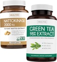 Nattokinase & Green Tea (2-Month Supply) グリーンバイタリティブースト - Nattokinase 2000 FU 強力自然発酵大豆 -120 キャップ & 緑茶抽出 98% EGCG (非GMO) 天然代謝ブースト