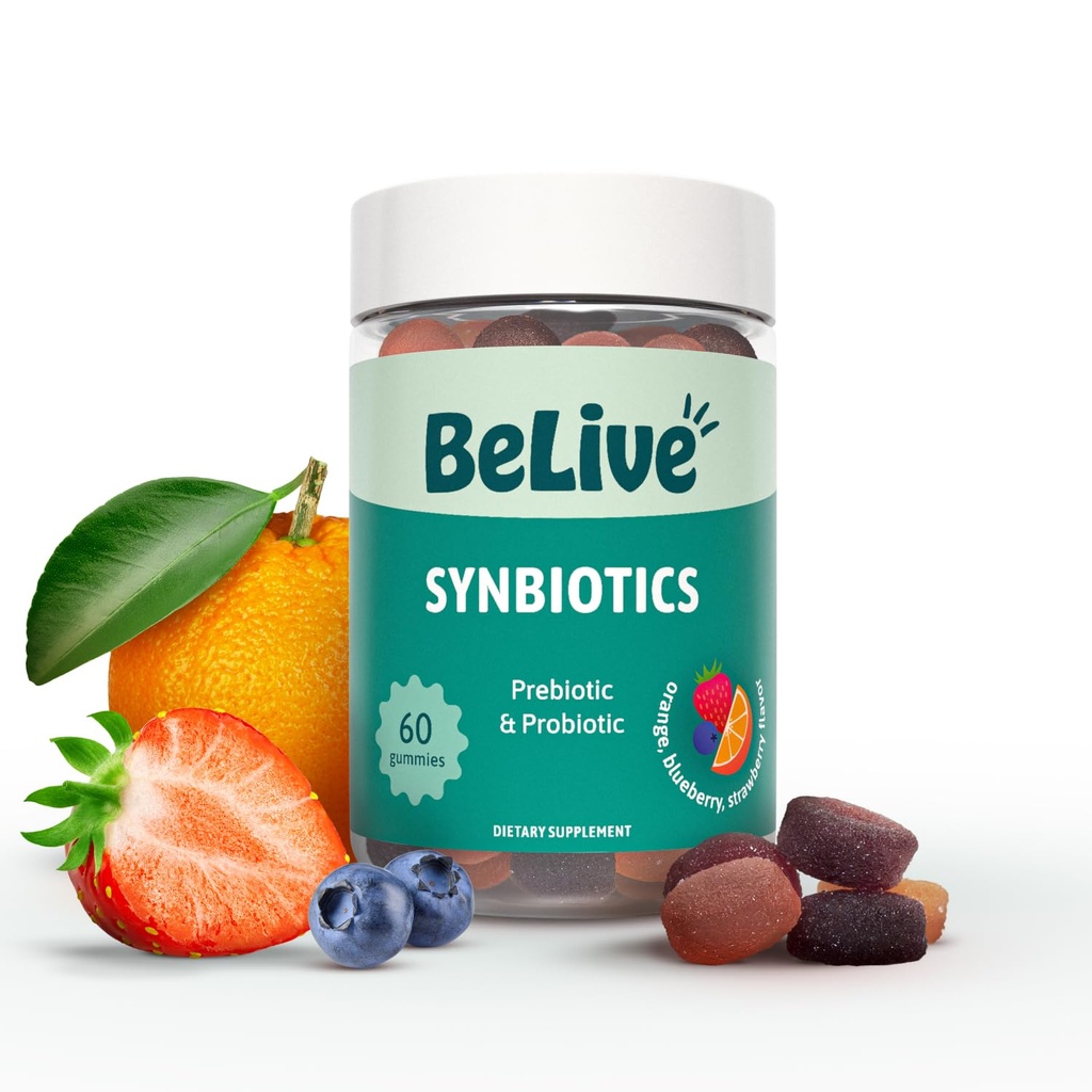 BeLive Synbiotics - プロバイオティック&プレバイオティックファイバーグミ - 高強度インリン(3g)、食物繊維サプリメント、子供と大人のための消化管サポート - イチゴ、レモン、ブルーベリー味(60Ct)