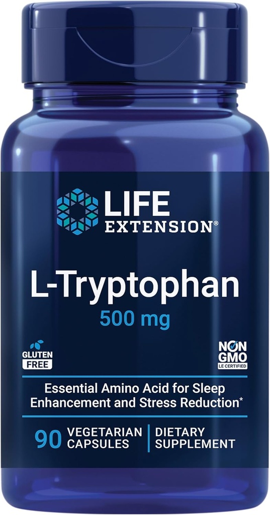 ライフエクステンションL-Tryptophan、500mg、健康なセロトニンレベルを奨励し、健康な睡眠、気分、ストレス応答と満足、グルテンフリー、非GMO、ベジタリアン、90カプセルを促進