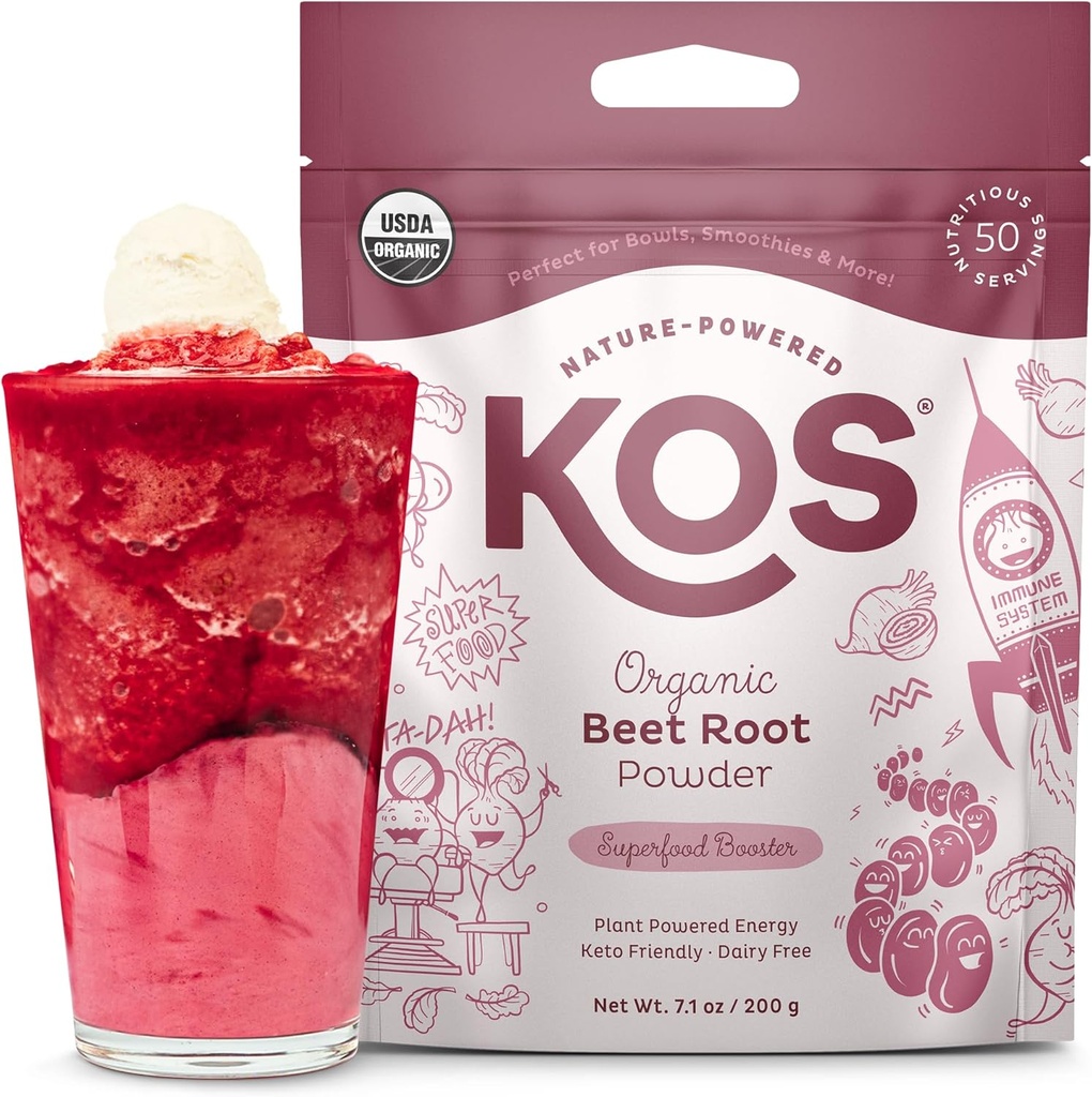 KOS Organic Beet Root Powder, USDA Certified - Superfood Plant Based Beetroot Ingredient for Stamina Increasing, Circulation - Non-GMO, Soy & Gluten-Free, 50 Servings Bag