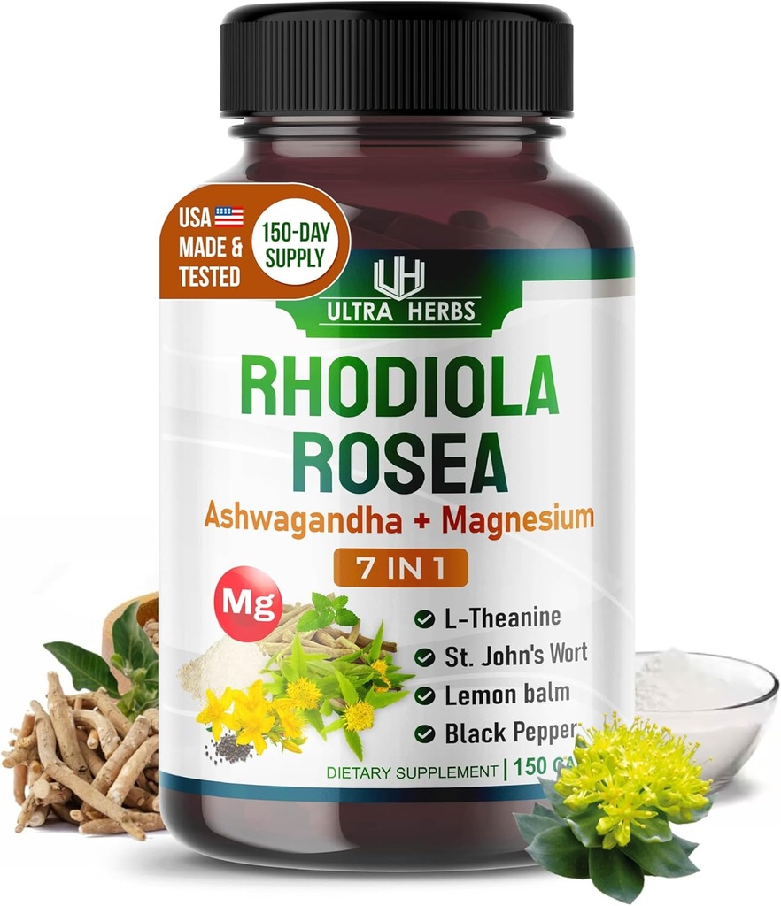 Rhodiola Roseaサプリメントは、アッシュワガンダ、マグネシウム、L-テアニン、セントジョンズワート、レモンバーム - サポート気分、睡眠の質、およびメンタルフォーカス  150カプセル