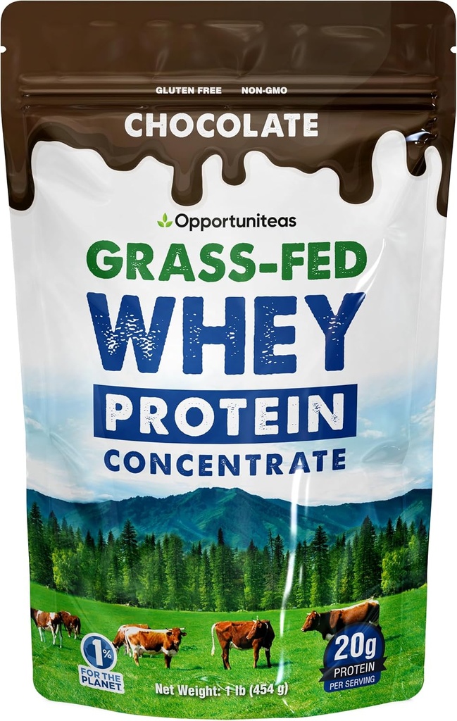 Opportuniteas Grass Fed Whey Protein Powder Concentrate - Chocolate - Pure Protein Supplement - Non GMO, Hormone Free & Gluten Free - 1lb