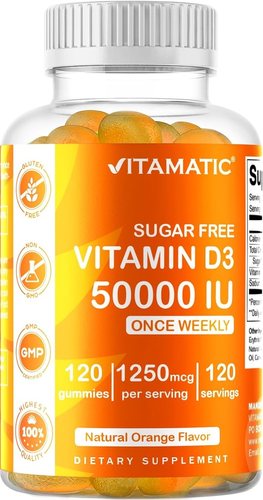 Vitamatic砂糖の自由なビタミンD3 50,000 IU週の補足- 120のペクチンによって基づくグミー-骨、歯および免疫サポートのためのビタミンDのカプセル(50000 IU)