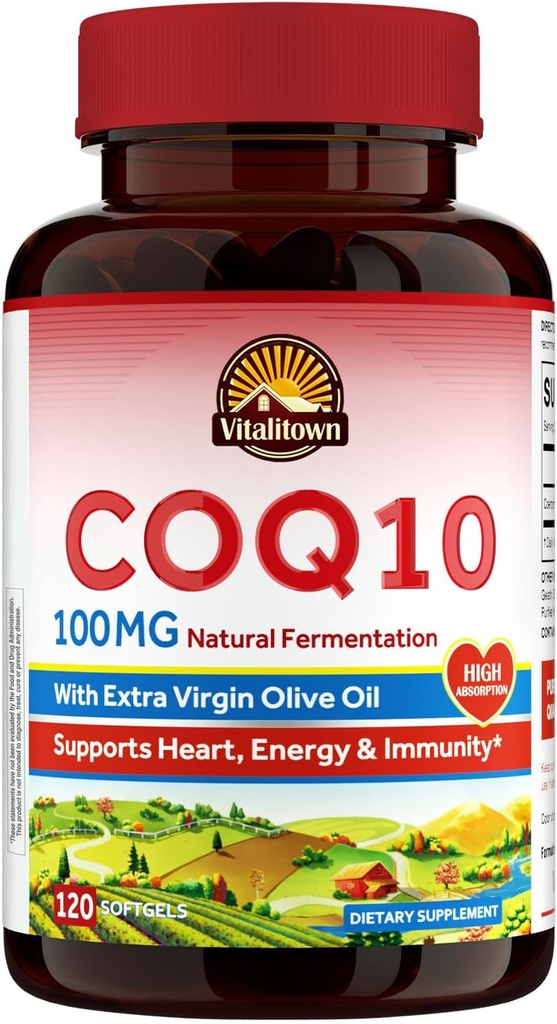 Vitalitown CoQ10 100mg、余分なバージンのオリーブオイル、最高の吸収、Coenzyme Q10の補足、無グルテン、酸化防止及び中心の健康サポートのための、120のSoftgels無し