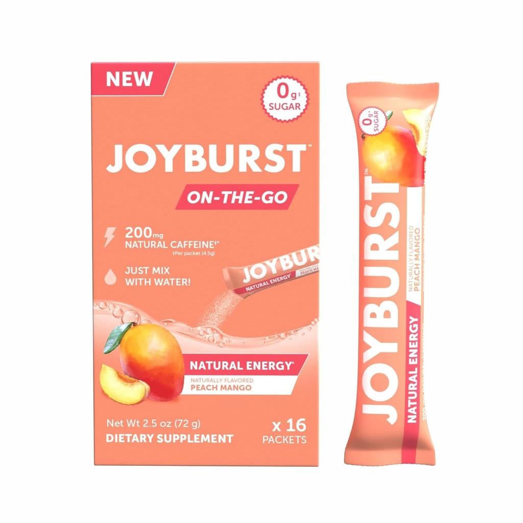 JOYBURSTのエネルギー飲み物の組合せ、Sustainedのための自然なカフェイン(200mg)、ジッターの自由なエネルギー、オン・ザ・ゴーの自然エネルギー飲み物の粉、砂糖は放します- 16 x 4gエネルギー棒(Peach Mango)を