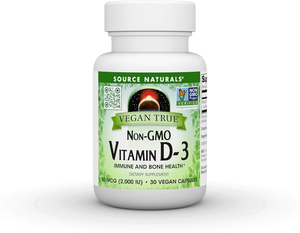 Source Naturals Vegan True, Non-GMO Vitamin D-3, Dietary Supplement for Immune and Bone Health*, 2,000 IU - 30 Capsules