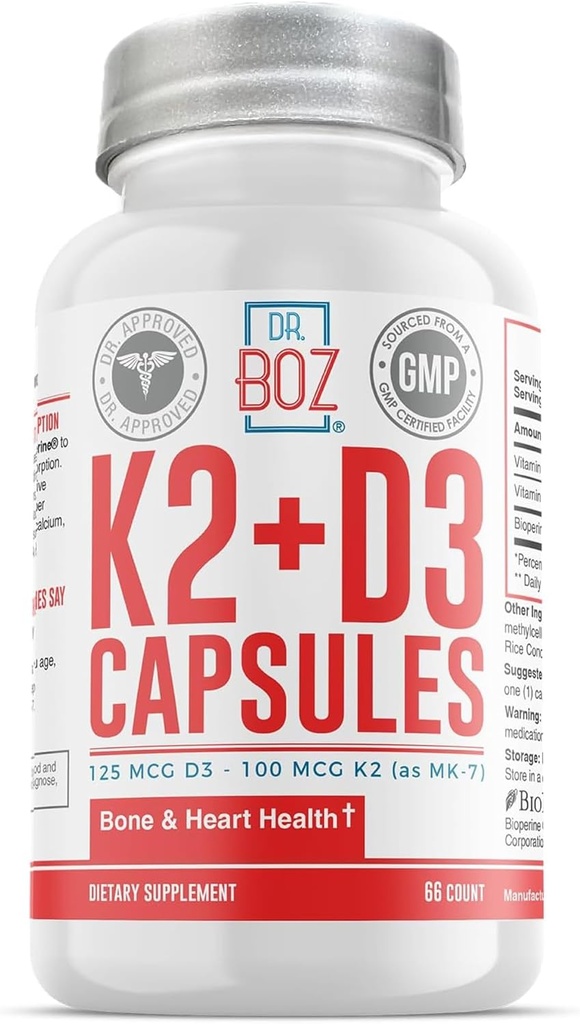 Dr. Boz - K2 + D3カプセル、66サービング - BioPerineとビタミンD3 K2サプリメント - Bone& Heart Health - 吸収性を高めました - 品質検査 - 米国製 - 5000iu(D3) - 400iu(K2) - セルフケア