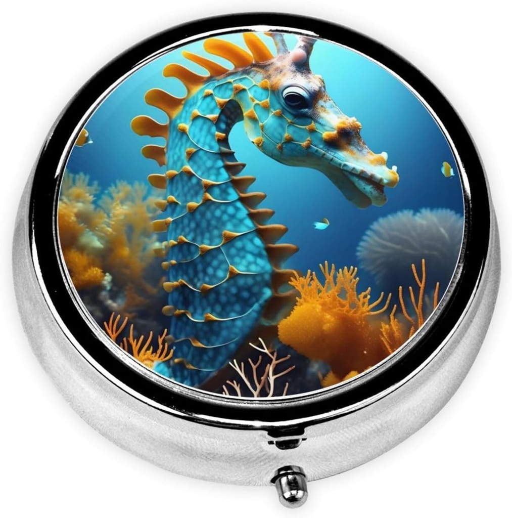 ピルボックス、財布&ポケットのための小さな丸薬ケース、かわいい薬の主催者旅行ピルボックス、ビタミン、薬、魚油、サプリメント、青いシーホースを保持するためのポータブルピルコンテナホルダー