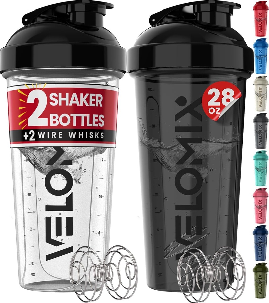 VELOMIX -2 パック- 28 oz プロテインミキサー用プロテインシェーカーボトル - 2x ワイヤーウィスク | リーク プロテインシェーク用プルーフシェーカーカップ | タンパク質シェーカーボトルパック(黒/透明)