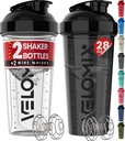 VELOMIX -2 Pack- 28 oz Protein Shaker Bottles for Protein Mixes - 2x Wire Whisk | Leak Proof Shaker Cups for Protein Shakes | Protein Shaker Bottle Pack (Black/Transparent)
