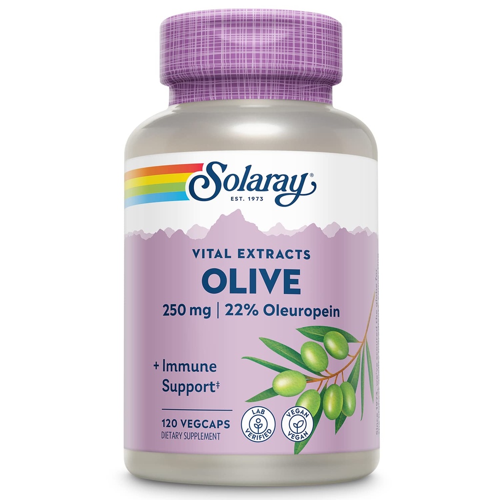 SOLARAY Olive 250mg - Olive Leaf Extract Capsules with 22% Oleuropein, Plus Lemon Balm - Polyphenols Supplement for Wellness Support - Vegan, 60-Day Guarantee, Lab Verified - 120 Servings, 120 VegCaps
