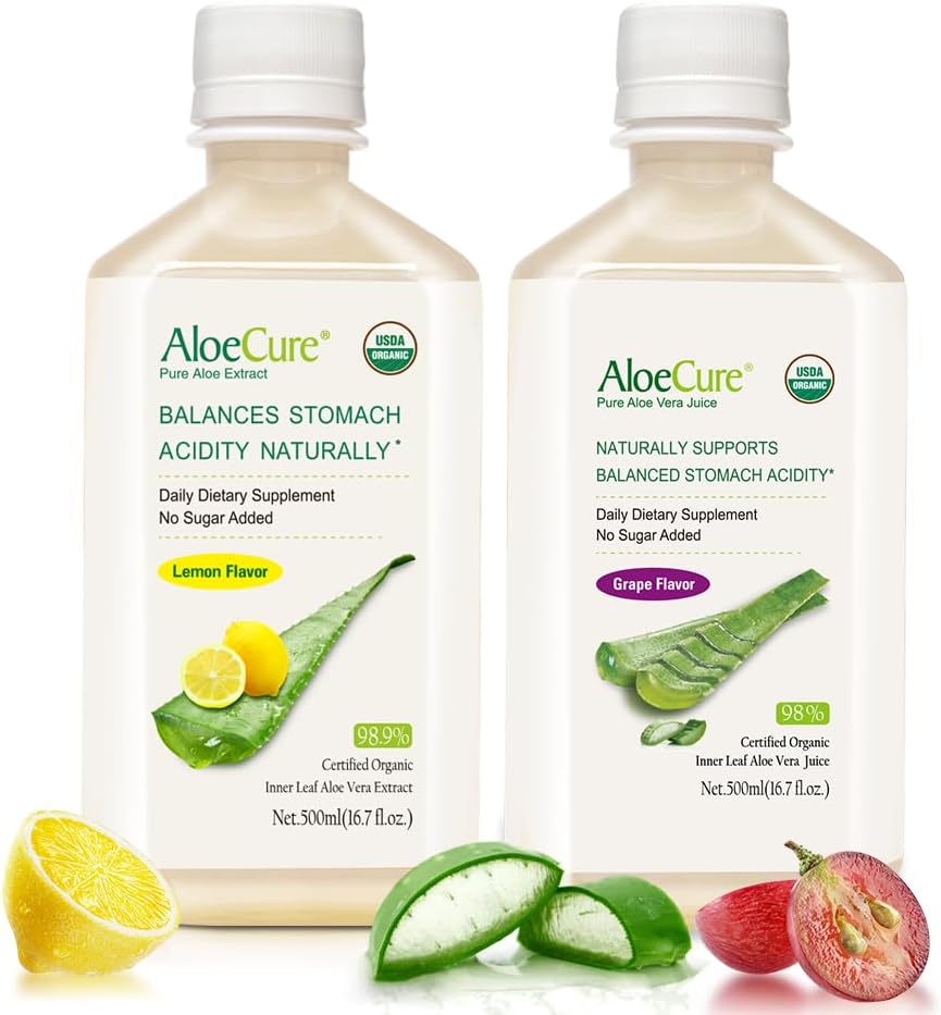AloeCure有機アロエベラジュース - 2ボトルサンプルパック - レモンとグレープ味 - 2x500ml