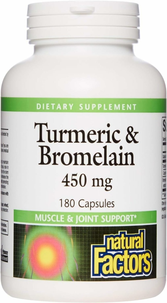 Natural Factors, Turmeric & Bromelain 450 mg, Muscle and Joint Support, 180 Capsules
