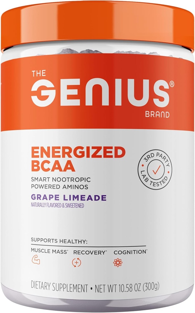 Genius BCAA Powder - 5g Vegan BCAAs L-Glutamine, Cognizin & Rhodiola Muscle Recovery Energy Support 100mg Caffeine Pre, Intra, Post-Workout Nootropic Supplement for Focus & Performance - Grape Limeade