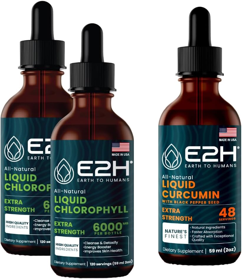 E2H: Chlorophyll Liquid Drops (2 Pack - 4 Fl Oz) and Liquid Turmeric Curcumin (Single Bottle - 2 Fl Oz) | Vegan, Non-GMO - (6 Fl Oz Total) - Bundle