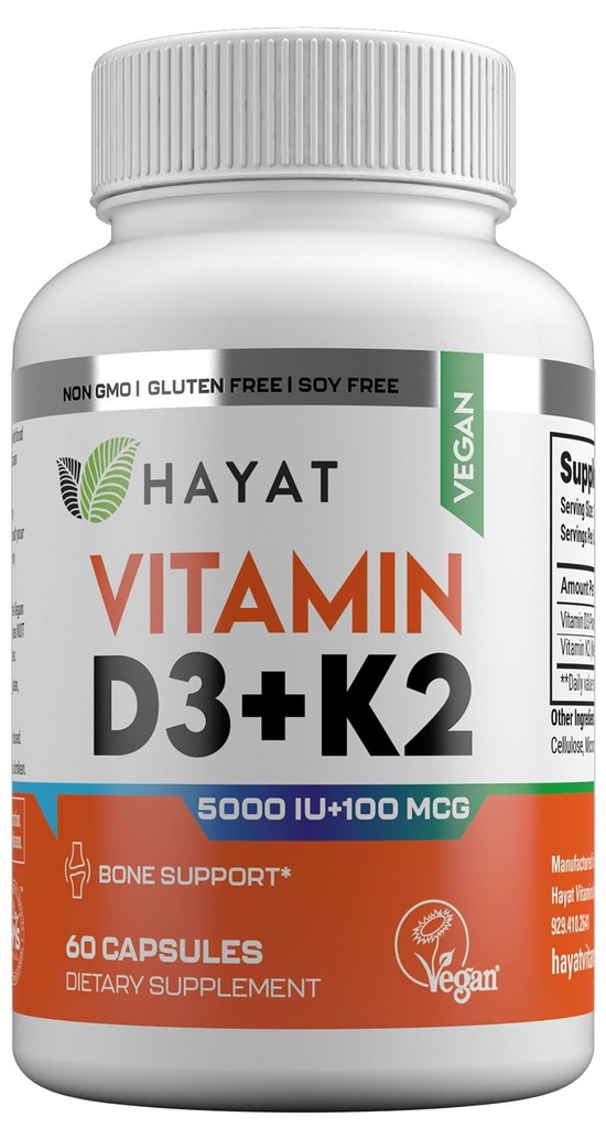 HAYATビタミンビーガンビタミンD3 + K2(5000 IU + 100 MCG)、骨のための栄養補助食品、歯、筋肉および免疫の健康サポート、2ヶ月の供給、認定ハラール、米国で作られた60カプセル