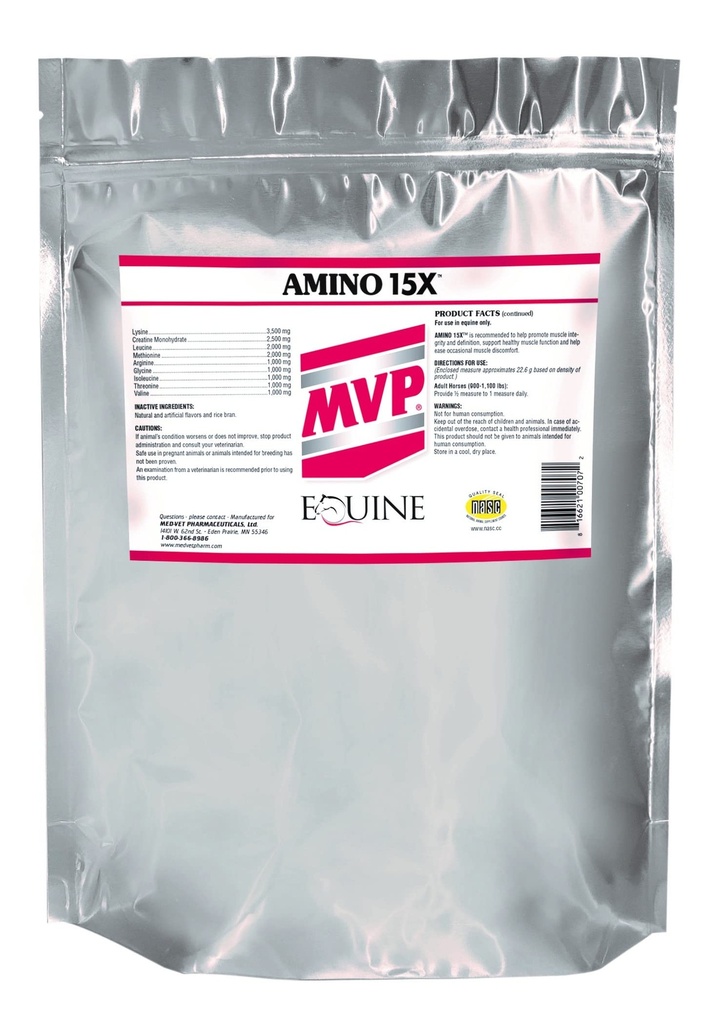 MVP Amino 15X (1.5lb)は馬の健康な筋肉機能、開発および回復を支えます。